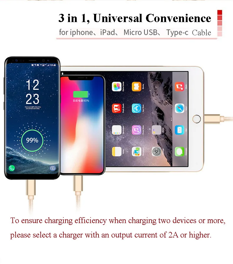 NATTHSWE 3в1 USB кабель для iPhone X 8 7 6 Micro кабель Тип usb C кабель для samsung S9 S8 Быстрая зарядка кабель зарядного устройства 3A шнур