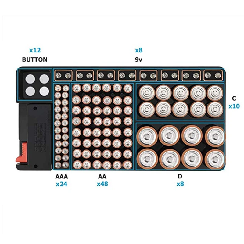 Button Cell Battery Organizer 110 Storage Tester Removable Case Black 35x18x5cm Tool Accessories Holder