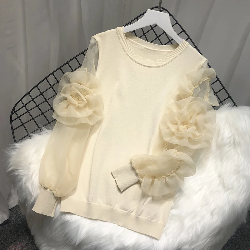 

TYHRU Flowers Mesh Sleeve Patchwork Knitted Tops Women's Autumn Vintage Jumpers Fall