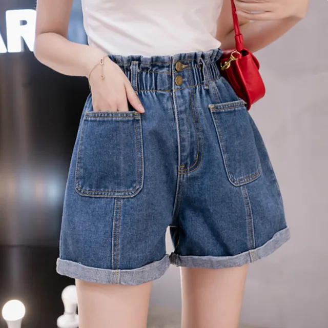 elastic waist rolled hem denim shorts