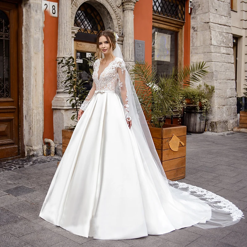 

Eightale Long Sleeve Wedding Dress Appliques Lace A-Line Satin Wedding Gowns Custom Made Train Bride Dresses vestido noiva