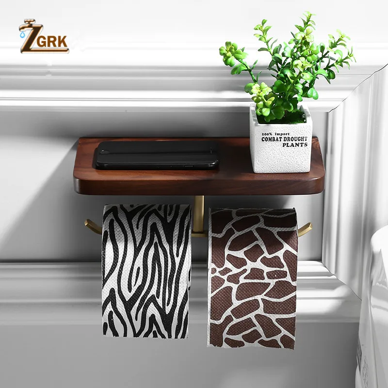 

ZGRK Multi-function Double Toilet paper holder wall moounted Mobile phone rack black walnut wood Bathroom creative roll holder