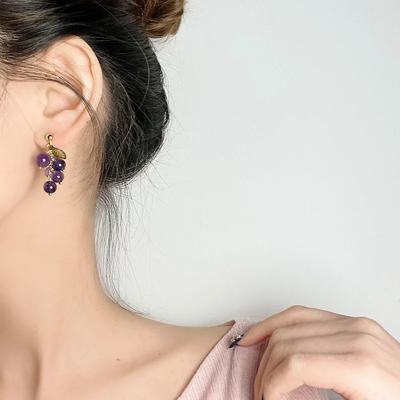 Vintage Crystal Grape Leaf Earrings Sweet Reflective Smooth Irregular Geometric Ball Fruit Drop Earrings dangle earrings drop earrings crystal earrings fruit design earrings for Women