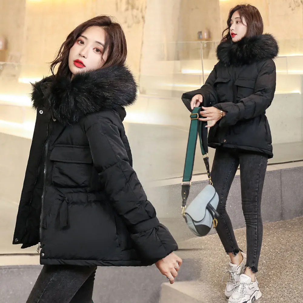 Vielleicht/ новые корейские меховые куртки с капюшоном, парки, зимняя куртка для женщин, короткий стиль, с завязками, теплое плотное тонкое зимнее пальто для женщин - Цвет: Черный