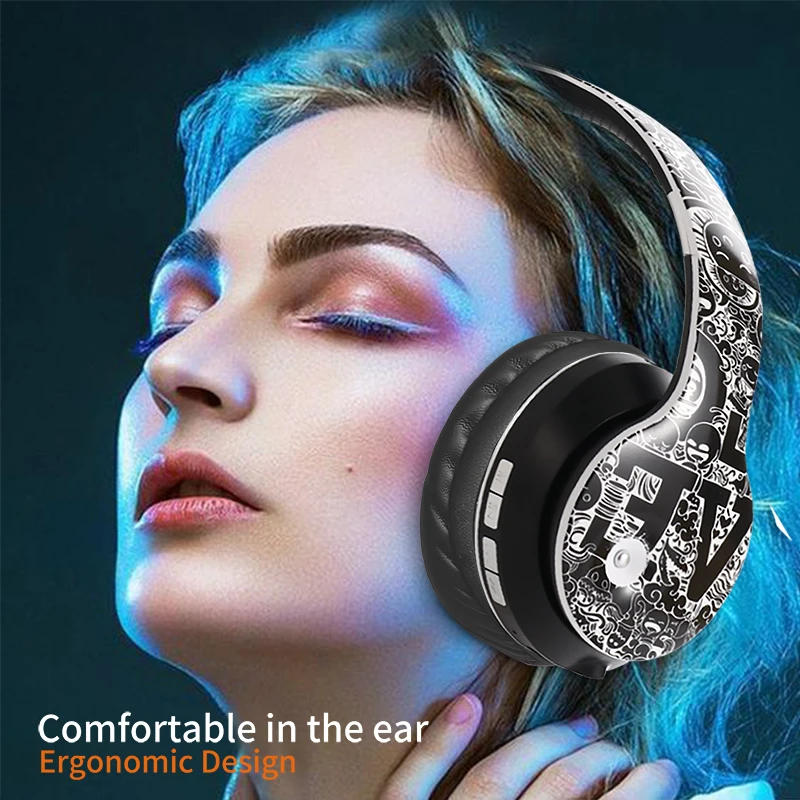 Head Mounted Wireless Bluetooth 5 0 Card Folding Graffiti Bluetooth Wired Dual Use Headset