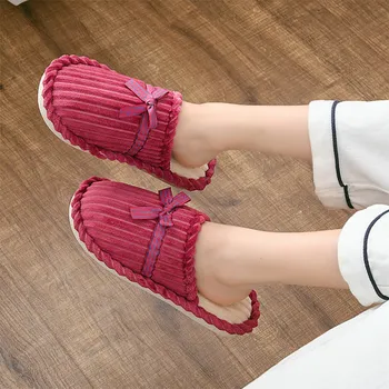 

Women Winter Bowtie Charm Corduroy Indoor women's Warm Slippers Ladies Flat Comfortable Short Plush Couple Slippers Female Shoes