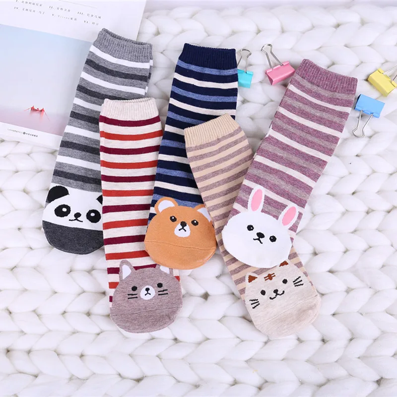 5 пар, милые забавные носки для животных, Kawaii, полосатые носки с тигром, медведем, кошкой, пандой, Кроликом, женские носки, новинка, Harajuku