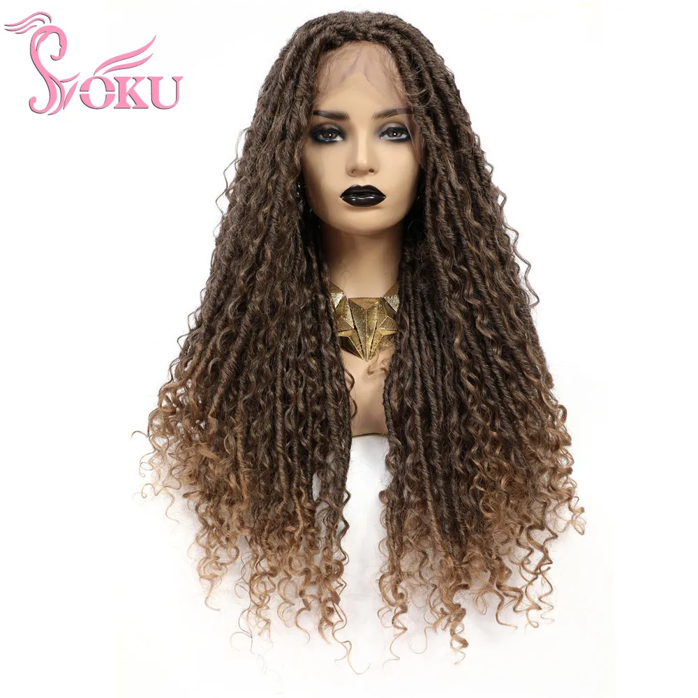 Soku коричневый дреды плетеные парики синтетический парик шнурка с Faux Locs Curly река