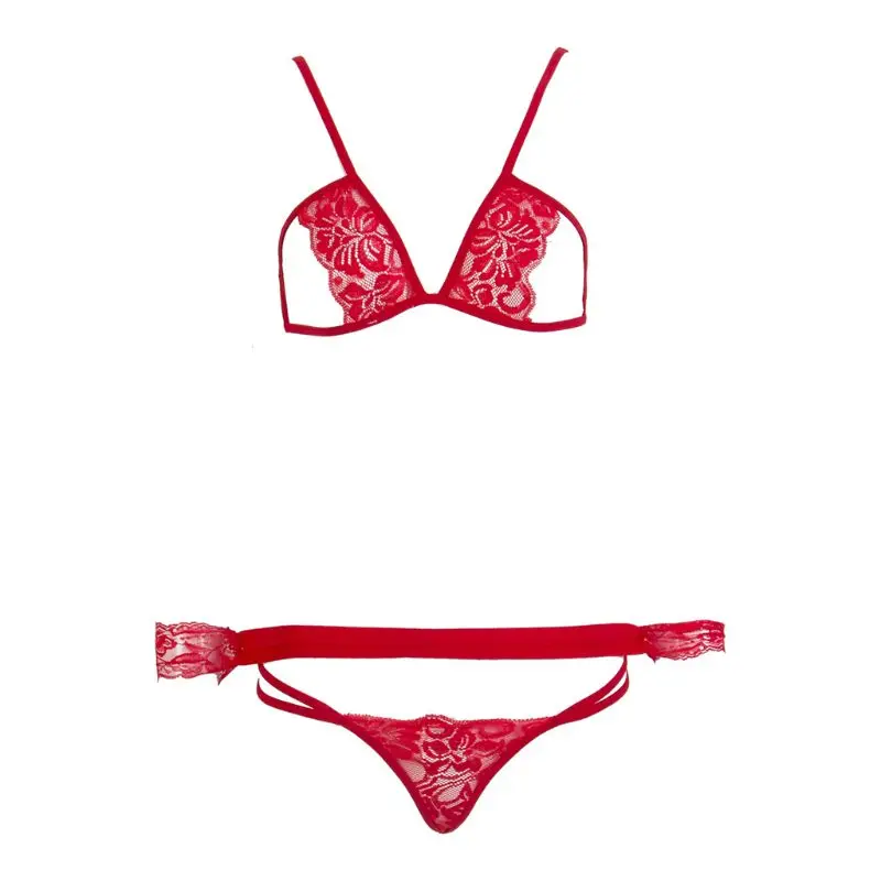 

Womens Floral Lace Perspective Exposed Breast Prisoners Lingerie Set Solid Color
