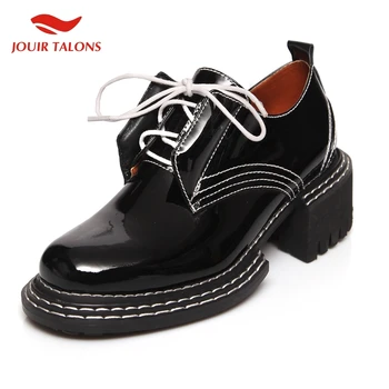 

Brand New Plus Size 43 Square Heel Shoes Woman Luxury Design Shoelaces Patent Leather Skin Pumps Women
