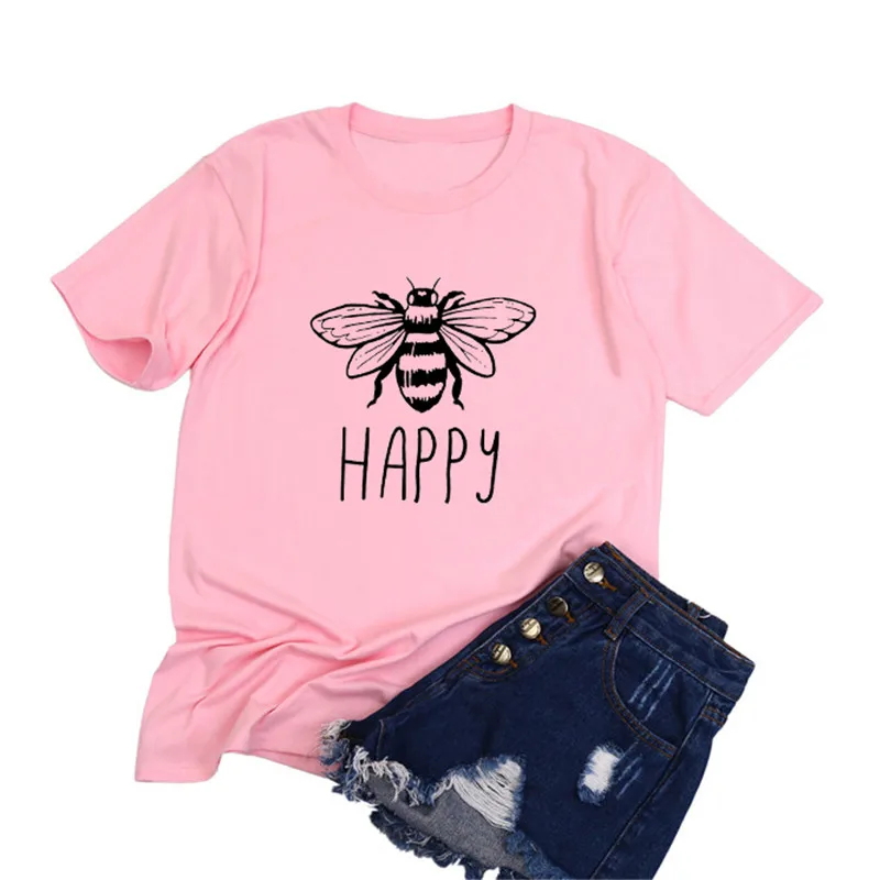 Розовый Женская футболка с надписью Happy Bee, хлопок, Повседневная футболка с коротким рукавом, осень, базовая футболка с круглым вырезом, женская одежда - Цвет: Розовый