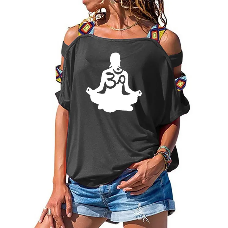 Женская футболка с коротким рукавом Ом АУМ силуэт принт летняя модная одежда футболка женская сексуальная открытая рубашка с открытыми плечами - Цвет: 5