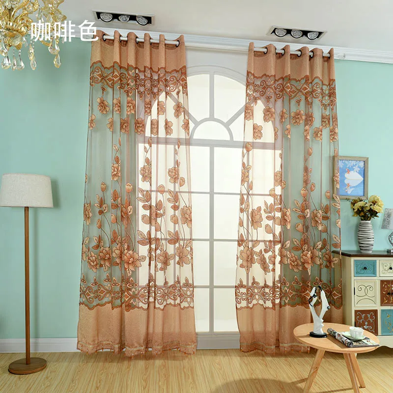 Coffee Coffee Color Curtain Burnout Curtains Grommet Top Process For Home Living Room/Hotel Decor Tulle Printed Flower Pattern Curtain - Цвет: Coffee
