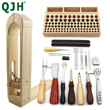 Nova diy couro artesanato ferramenta conjunto de madeira leathercraft mão costura braçadeira ferramentas de perfuração de couro caixa armazenamento escultura sela groover