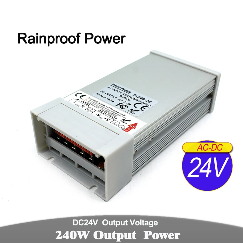 

Universal Power Supply DC 24V 10A 240W Transformers 110v 220V AC DC24V Rainproof Power Source For LED Strip Light Monitor