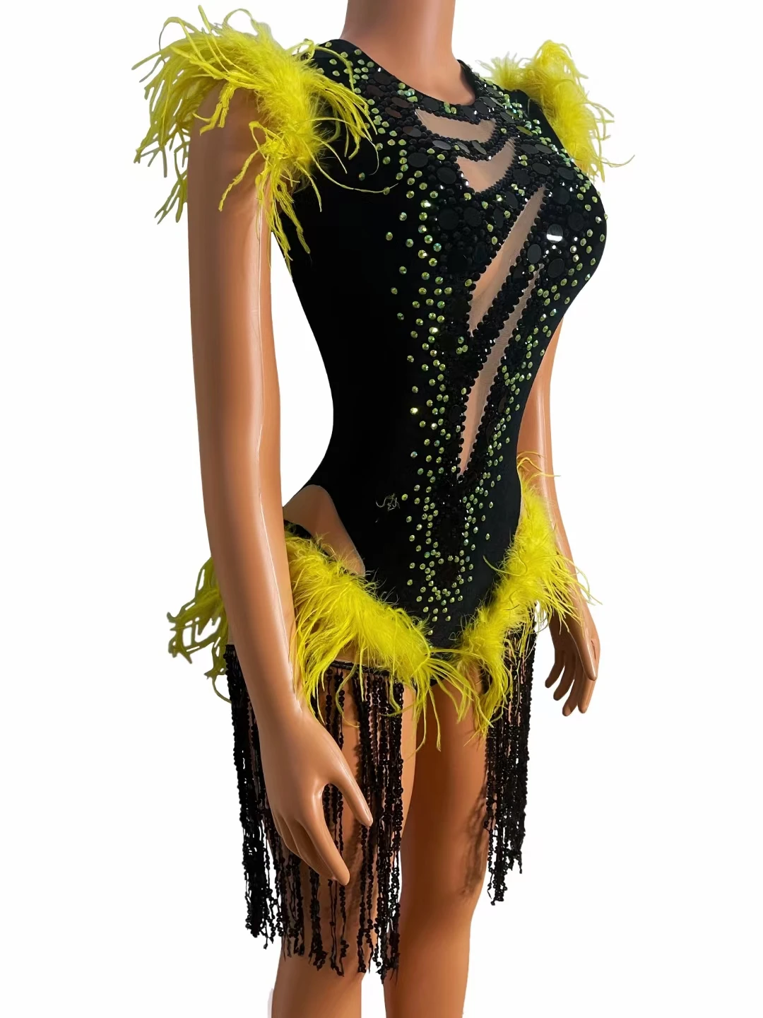 Women Dancer Singer Stage Wear Birthday Prom Celebrate Outfit Black Sequin Fringe Yellow Rhinestone Feather Bodysuit