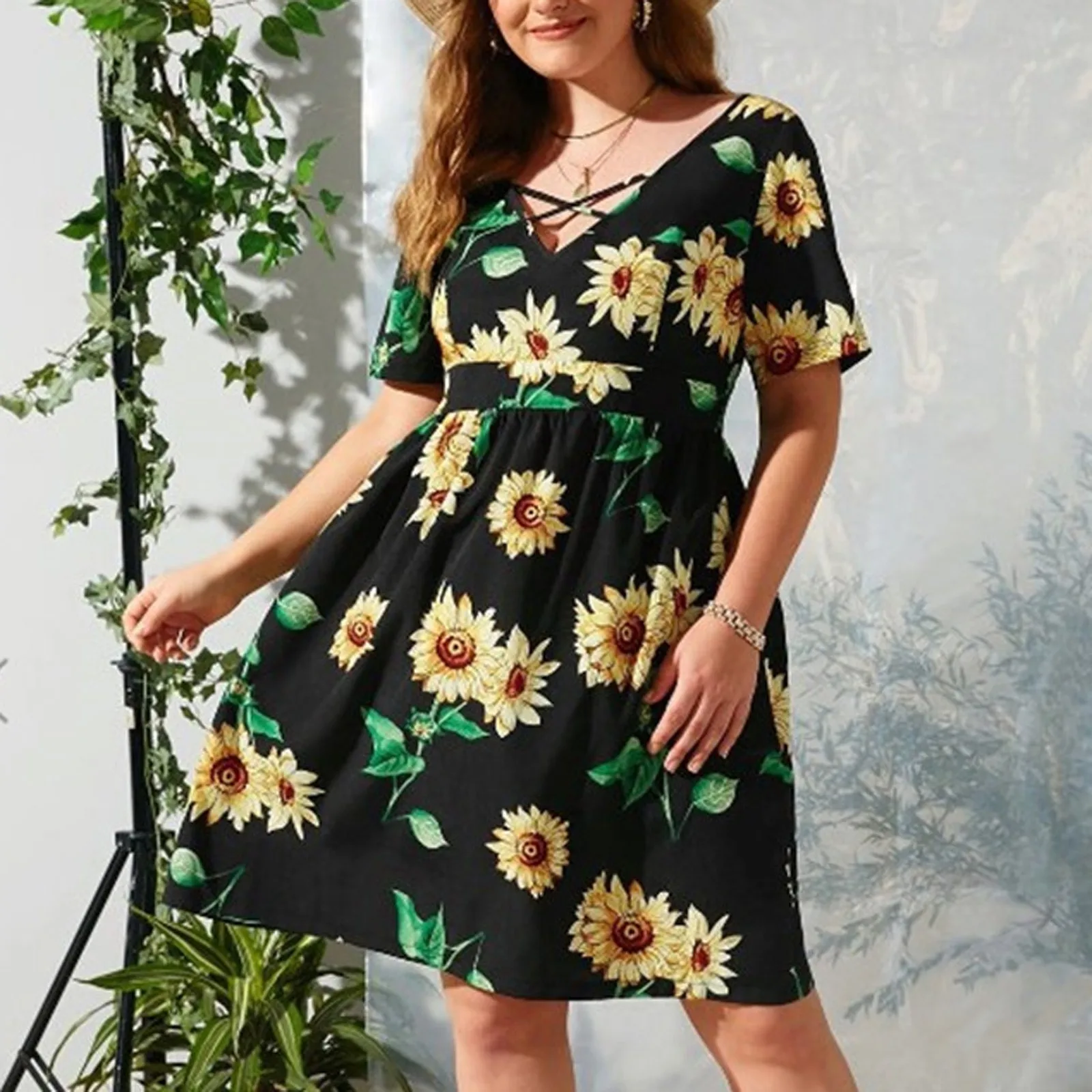 Women's Vintage Dress V-neck Women's Casual Sunflower High Waist Short Sleeve Crossovers Plus Size Dress Vestido Mujer 2021 1