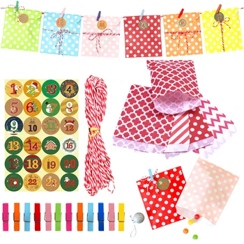 

24sets Christmas Paper Bags Set Colorful Dot Striped Xmas Party Favor Bags DIY Advent Calendar Number Candy Cookies Bags