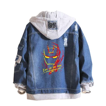 

Hot slae Marvel Superhero Iron Man Hoodie unisex Cowboy Fake Two Pieces Sweatshirt Hole Denim Jacket Student coat