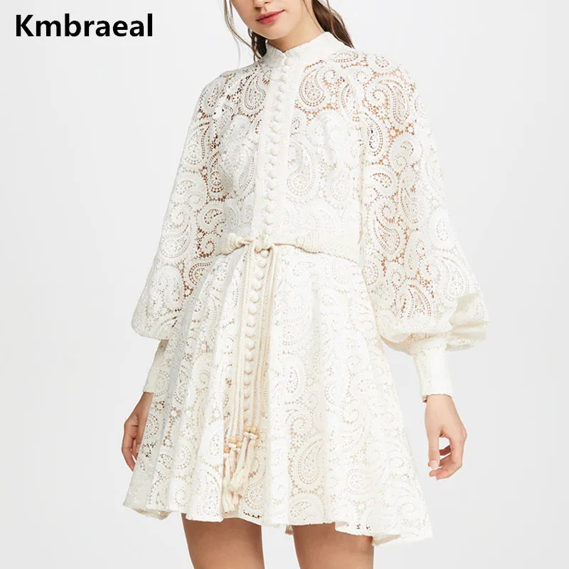 

Brand Designer Solid Floral Embroidery Dress 2019 Autumn Womens Hollow Out Turtleneck Lantern Sleeve Tassel Lace Up Mini Dress