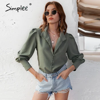 

Simplee Elegant green women blouse shirt Vintage solid female top shirt Puff sleeve casual work wear office lady streetwear top