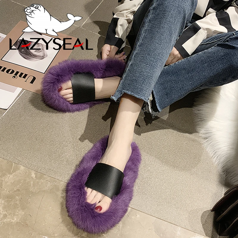 LazySeal/натуральные тапочки их меха под кролика; женская обувь; Домашние пушистые тапочки; теплые домашние шлепанцы; женские Вьетнамки; обувь из плюша на плоской подошве