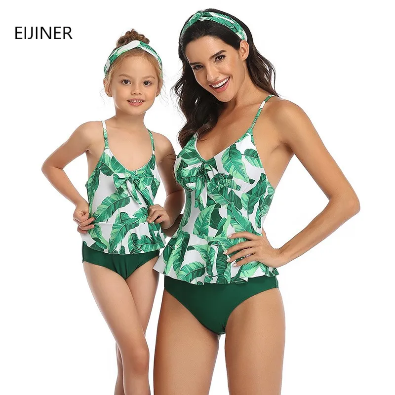 Пляжная семейная одежда для купания; одинаковый купальный костюм; купальник-бикини для мамы и дочки с принтом; Семейные комплекты одежды - Цвет: Green