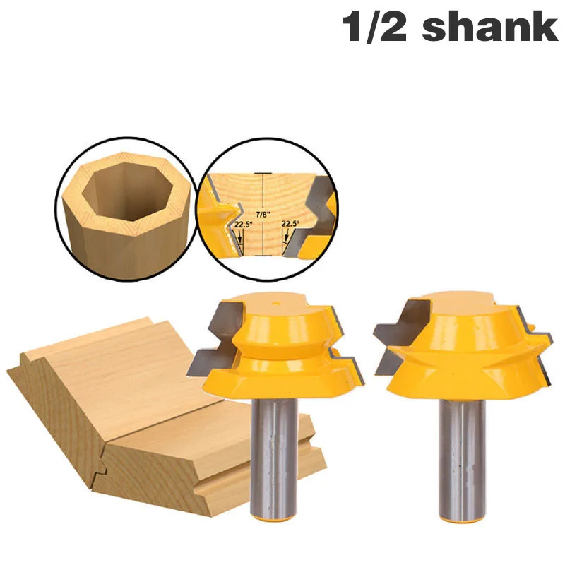 

2pc/set 1/2 Shank Lock Miter Router 22.5 Degree Glue Joinery Router Bit Milling Cutter Woodwork Tenon Cutter For Woodworking