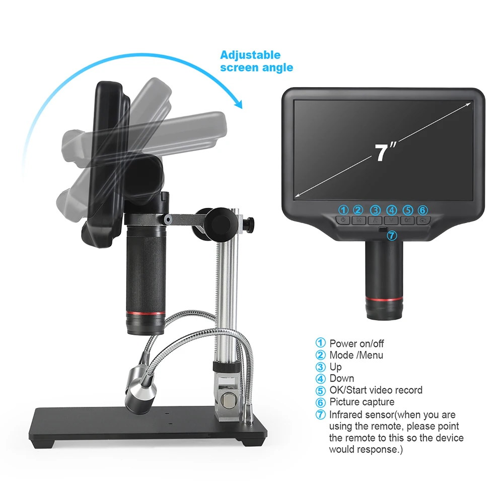 3D HDMI цифровой микроскоп с 4MP UHD 7 дюймов Регулируемый ЖК-экран для ремонта и пайки телефона