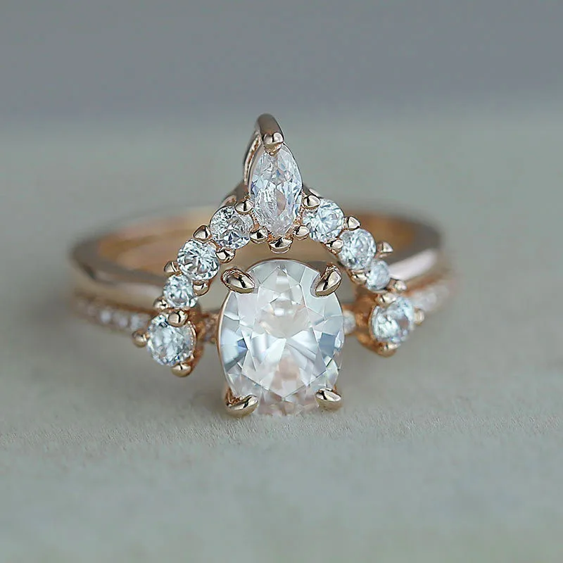 Роскошный женский большой овальный циркон камень кольцо Набор Мода розовое золото цвет любовь свадебное кольцо обещания кольца невесты для женщин