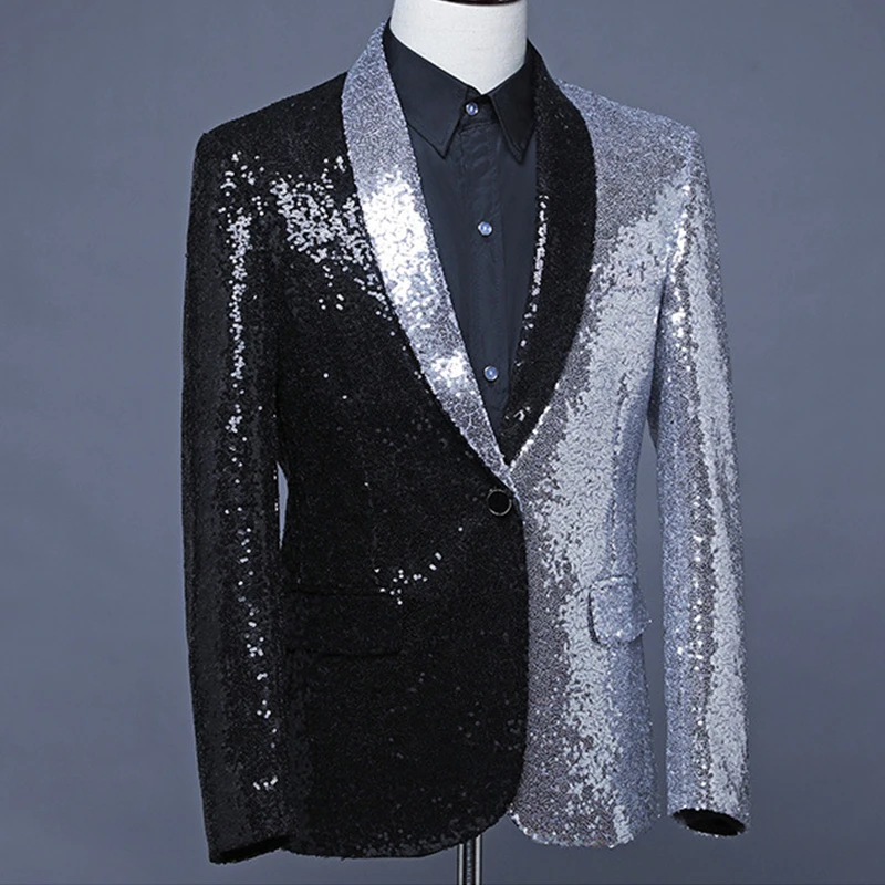 Male singer hosted suit half black half silver sequined suit fashion asymmetrical coat hair stylist green fruit collar Blazer Male singer hosted suit half black half silver sequined suit fashion asymmetrical coat hair stylist green fruit collar Blazer