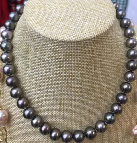 

18"NATURAL 9-10 MM SOUTH SEA BLACK Pearl Necklace 925silver Gold Clasp