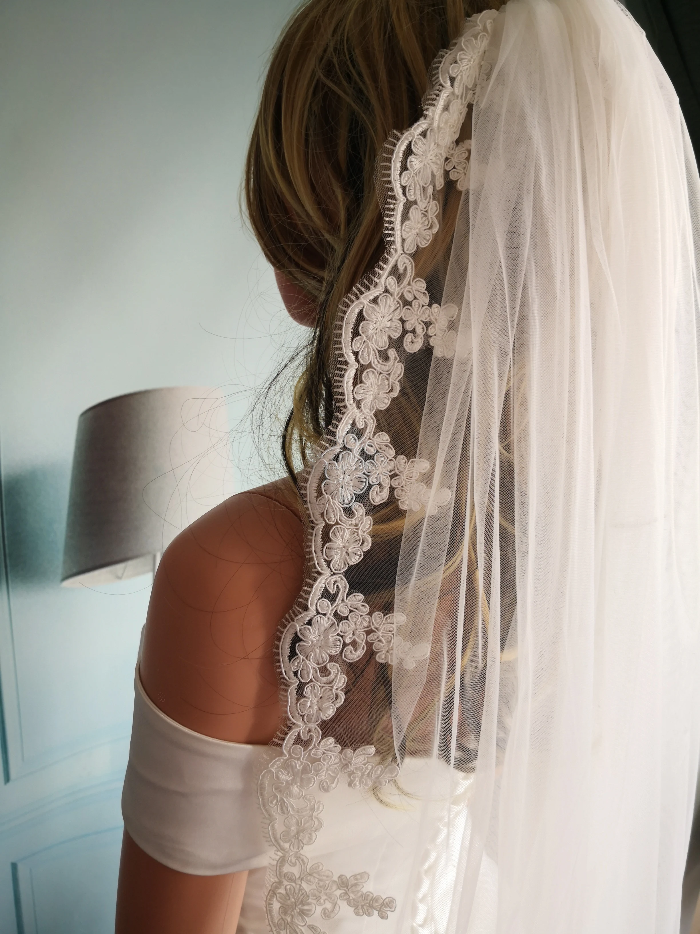 One-Layer White or Ivory Lace Wedding Veil Tulle Veil for 