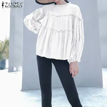 

Blusas Top 2020 ZANZEA Spring Casual Tunic Tops Fashion Long Sleeve Shirts Women Solid Work Pleated Blouse Chemise Female Robe