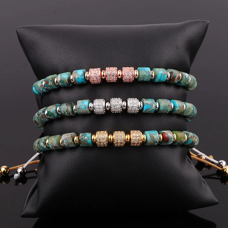 New Fashion Women Bracelet Natural Stone Blue Imperial Jaser CZ Pave Charm Macrame Bracelet Jewelry Women Men