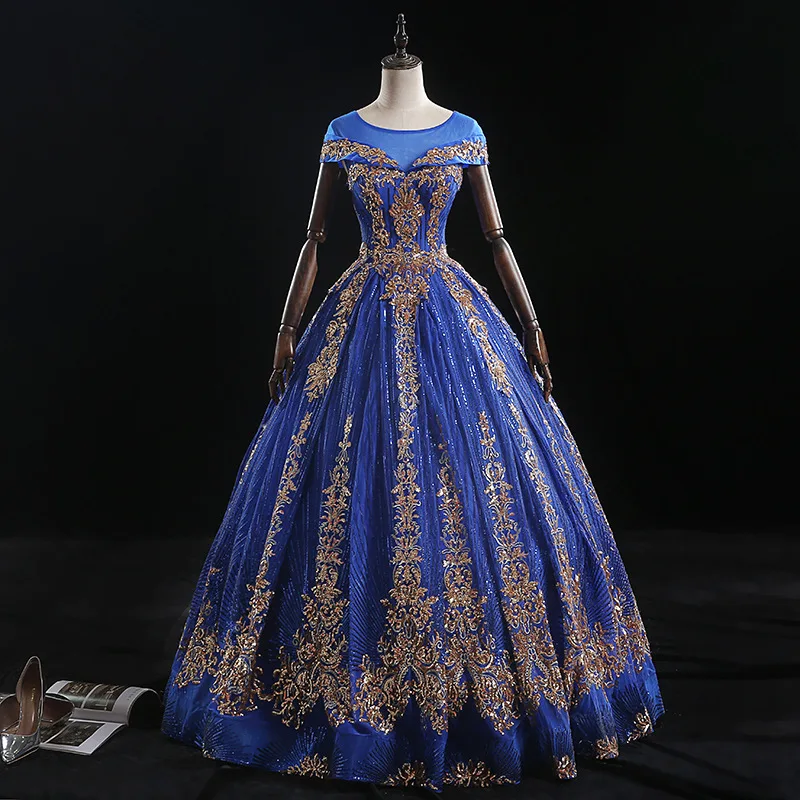 Это YiiYa свадебное платье с золотыми блестками Королевского синего цвета свадебное платье es размера плюс OY031 Элегантное Длинное Платье с круглым вырезом