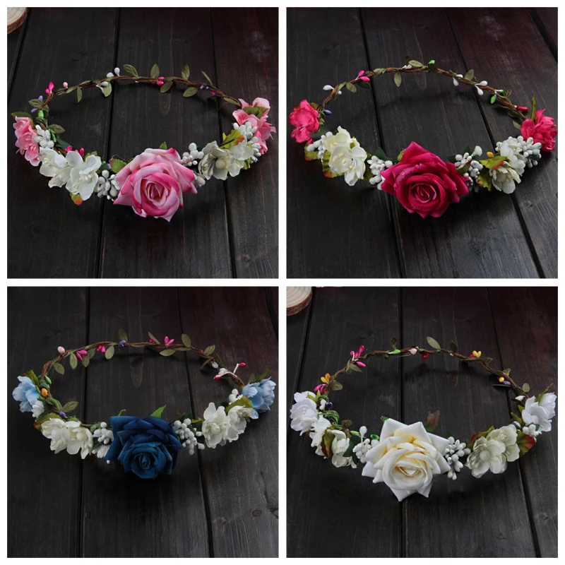 Women Wedding Flower Hair Garland Crown Headband Floral Rose Handmade Vacation