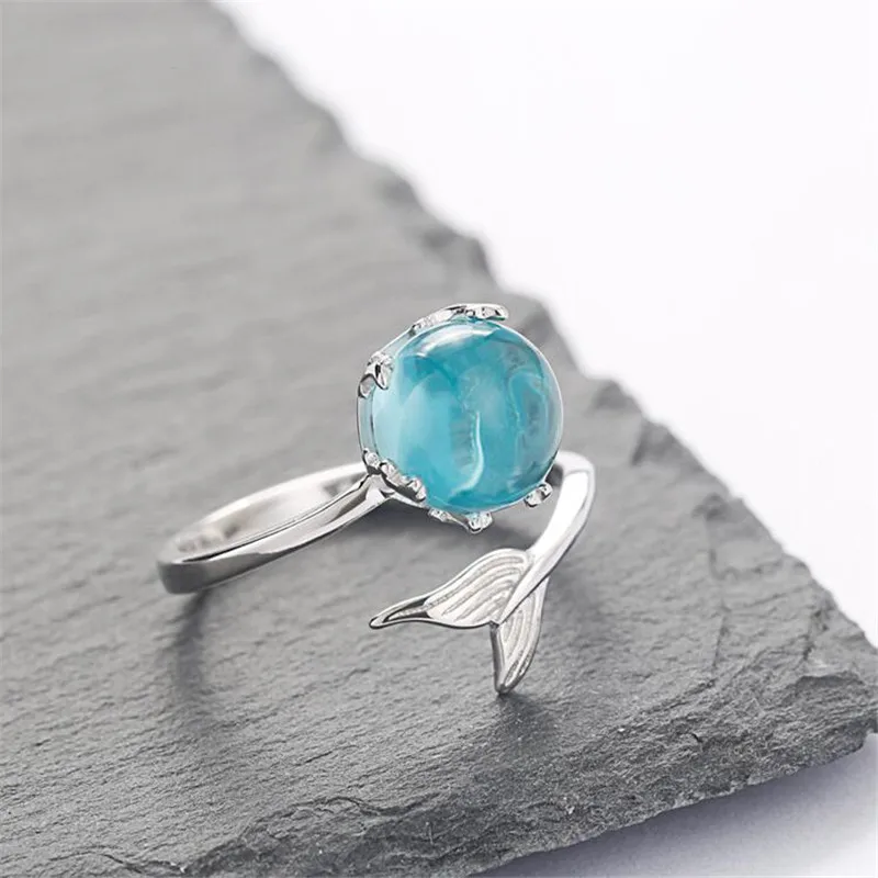 Стильное индивидуальное дизайнерское регулируемое женское кольцо из пенопласта с кристаллами в виде русалки, серебряное кольцо на палец с аквамариновым 925