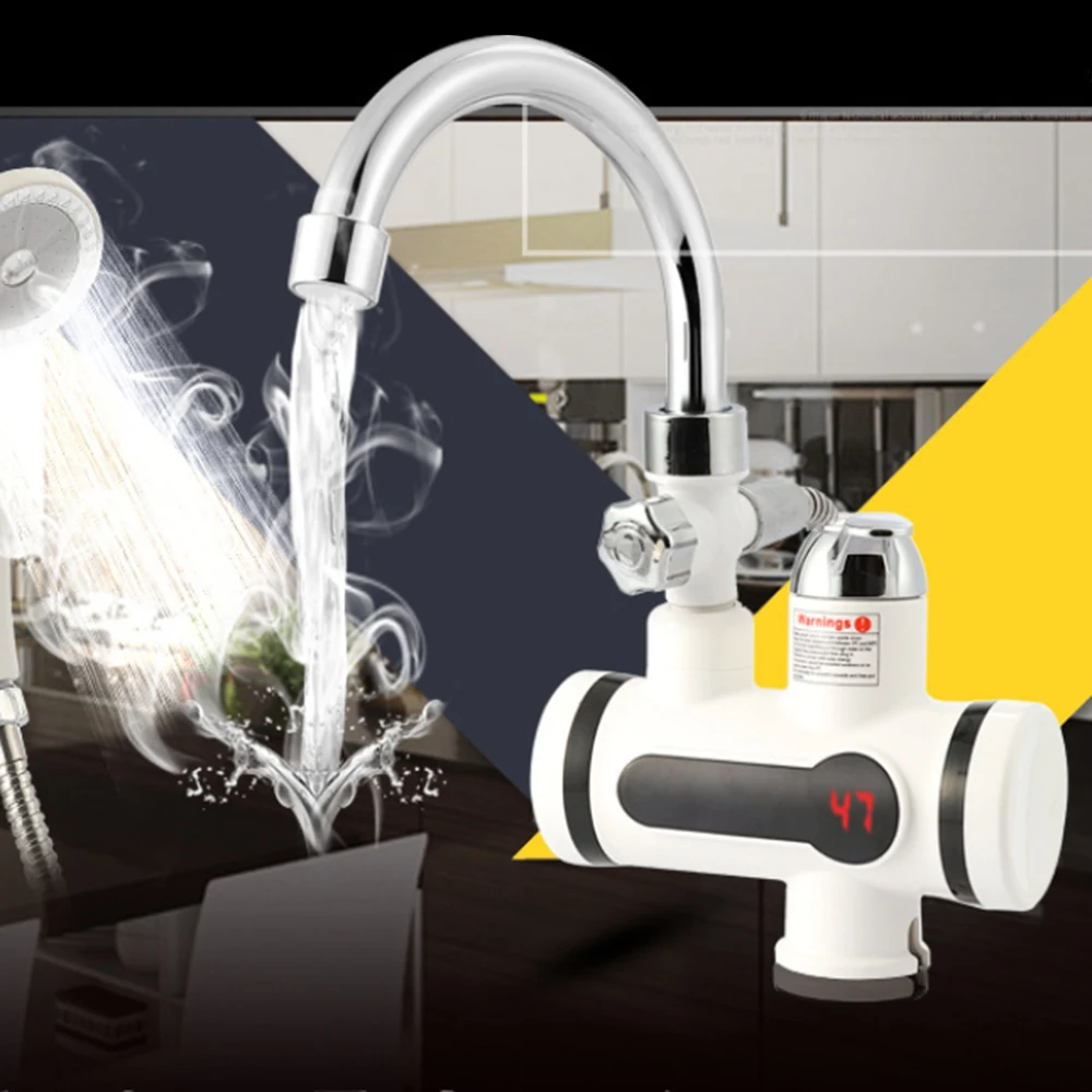 

Temperature Digital Display Water Heater Tap Bathroom Instant Electric Heating Water Faucet with Shower EU Plug
