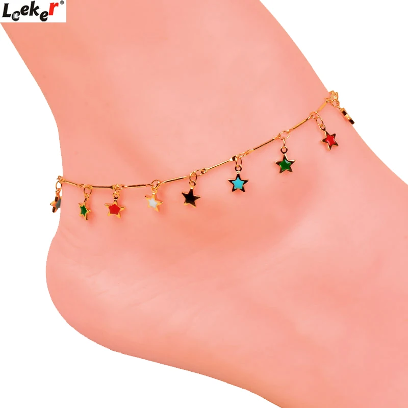 

LEEKER Charm Colorful Enamel Heart Star Teardrop Sun Pendants Anklets For Woman Gold Color Foot Chain Custom Jewelry 009 LK9