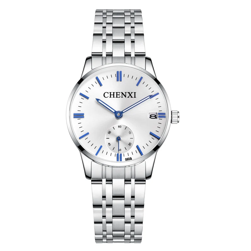 CHENXI Lover's водонепроницаемые часы из нержавеющей стали наручные часы с датой женские модные кварцевые часы для мужчин часы отправить подарок для жены - Цвет: Women Silver White