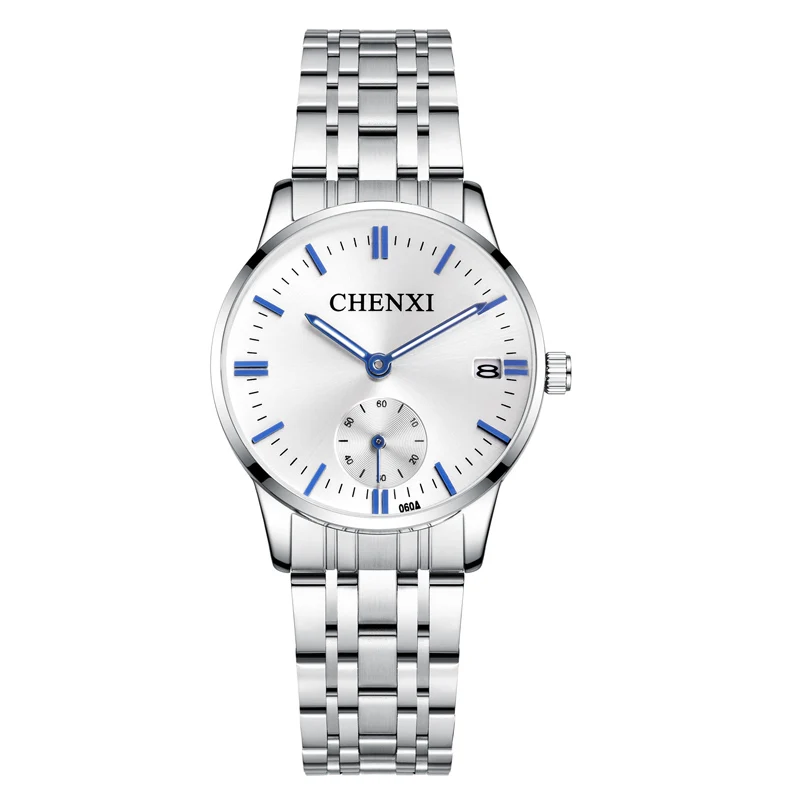 Women Silver White CHENXI Lover's водонепроницаемые часы из нержавеющей стали наручные часы с датой женские модные кварцевые часы для мужчин часы отправить подарок для жены - Цвет: Women Silver White