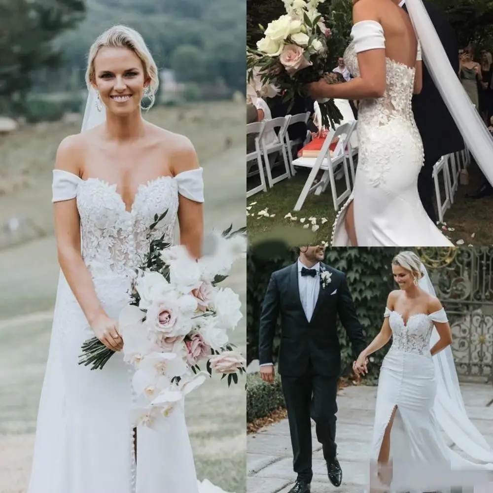 

2020 Mermaid Wedding Dresses Front Slit Covered Buttons Elegant Off the Shoulder Plus Size Country Wedding Gowns