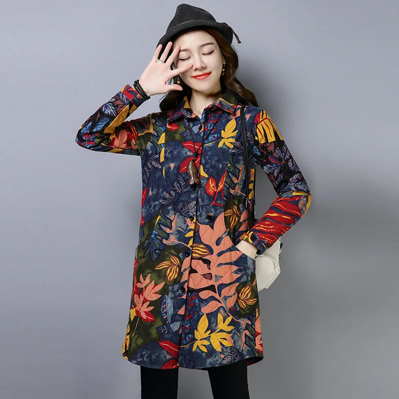 

Photo Shoot 2019 Cotton Linen Retro Printing plus Velvet Shirt Loose Warm Comfortable Fold-down Collar Mid-length Trench Coat