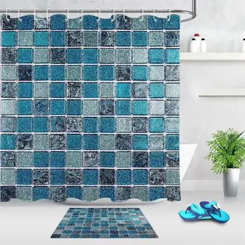 

Mosaic Pattern Shower Curtain Blue Square Geometric Waterproof Bathroom Curtain Fabric Bridal Polyester Washable Home Decor