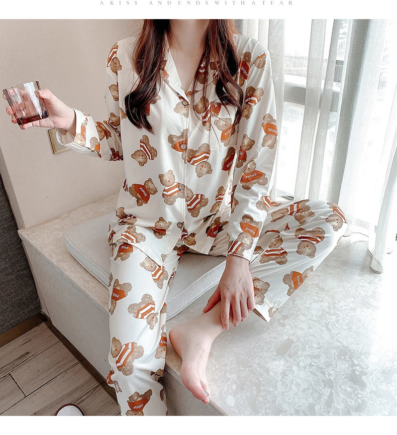 CAIYIER Autumn Winter New Sleepwear Set Women Turn-down Collar Pajamas Cute Cartoon Pattern Button Top+Pants Leisure Home Wear