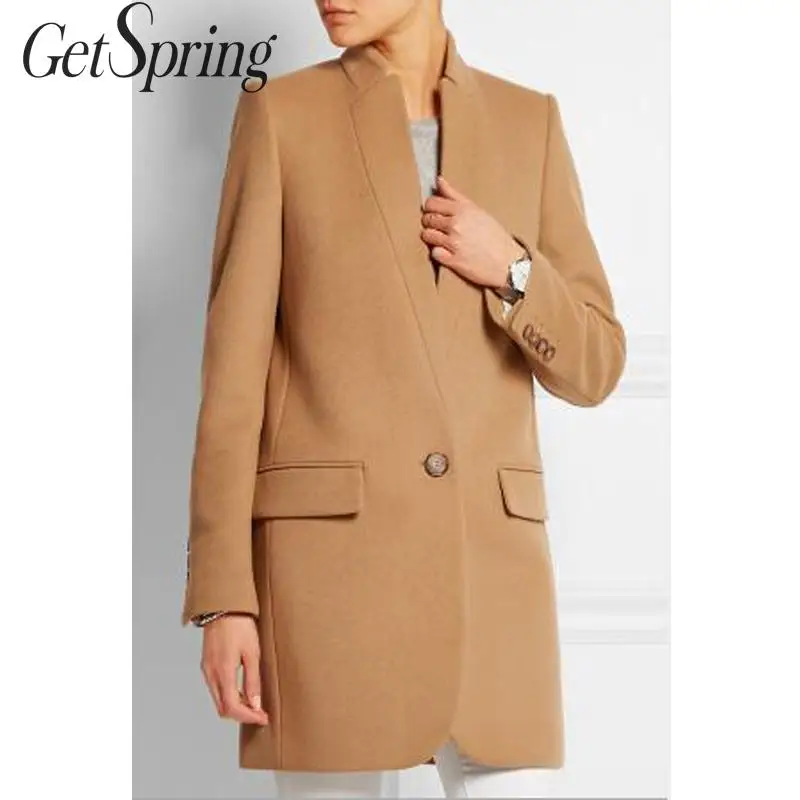 

GetSpring Women Woolen Coat Long Sleeve Single Button Long Wool Cashimere Coat Simple Winter Wool Jacket Women Cashmere Overcoat