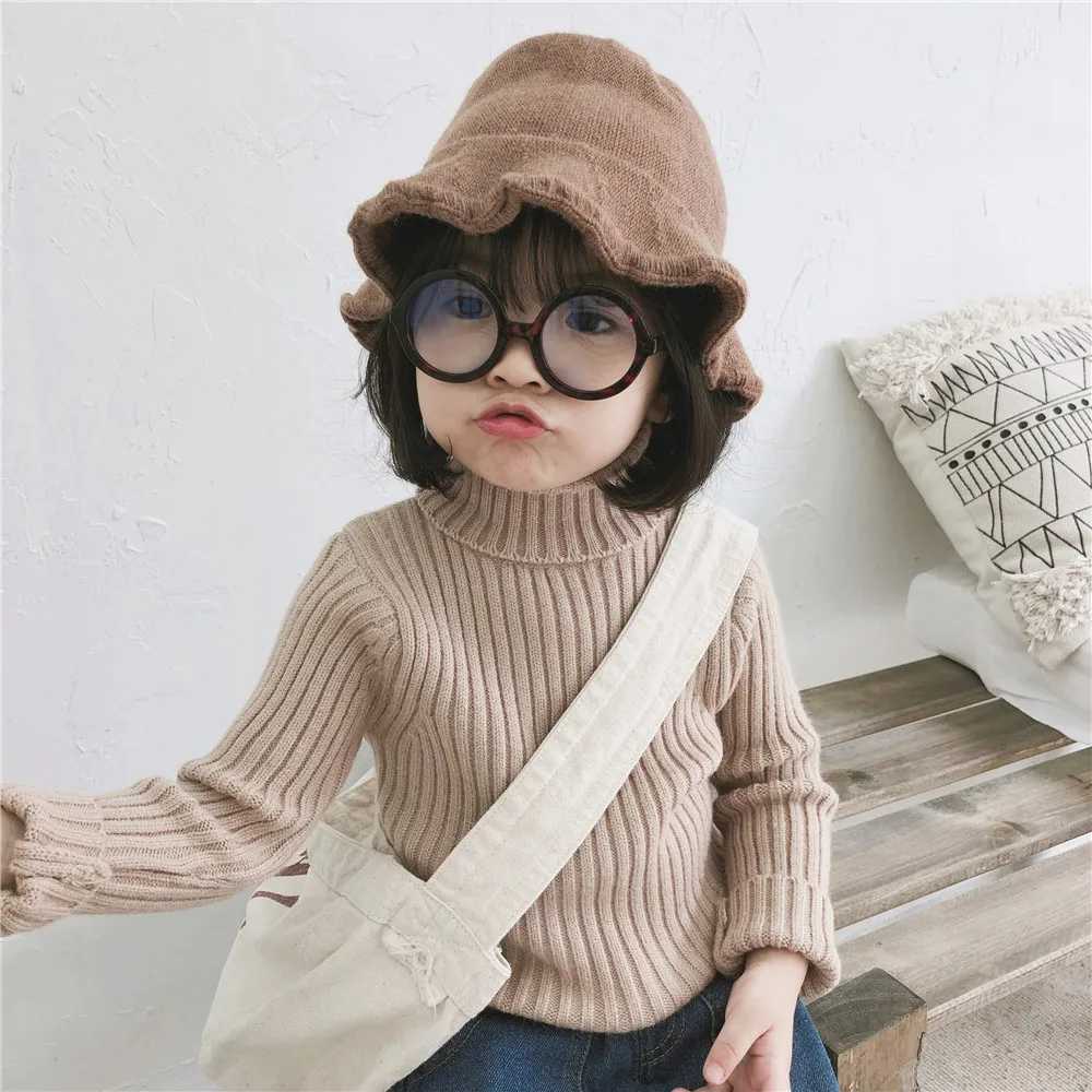 Г. Осень-зима, Новое поступление, корейский стиль, модный универсальный Однотонный свитер, пуловер милые топы с воротником под горло для маленьких девочек и мальчиков - Color: Khaki