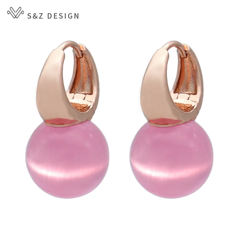 S&Z DESIGN New Fashion Round Cat's Eye Opals Beads Dangle Earrings For Women Wedding Rose Gold Color Jewelry