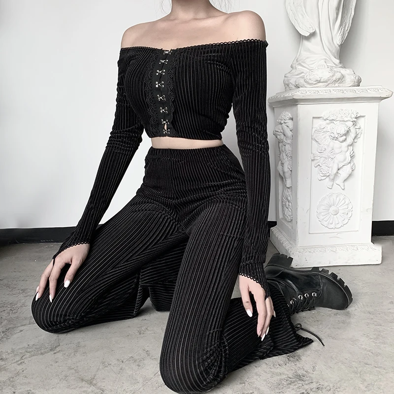 

Gothic Black Vintage Women V-Neck Off Shoulder Long Sleeve Perspective Stripe Crop Tops Goth High Waist Stripe Skinny Leg Pants